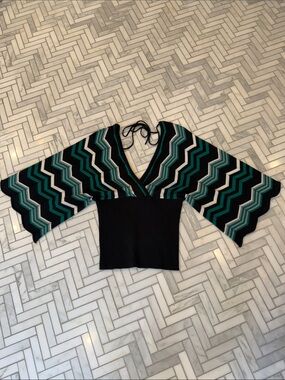 Express Off-the-Shoulder Chevron Sweater in Black, Teal, White, and Silver/Gray
